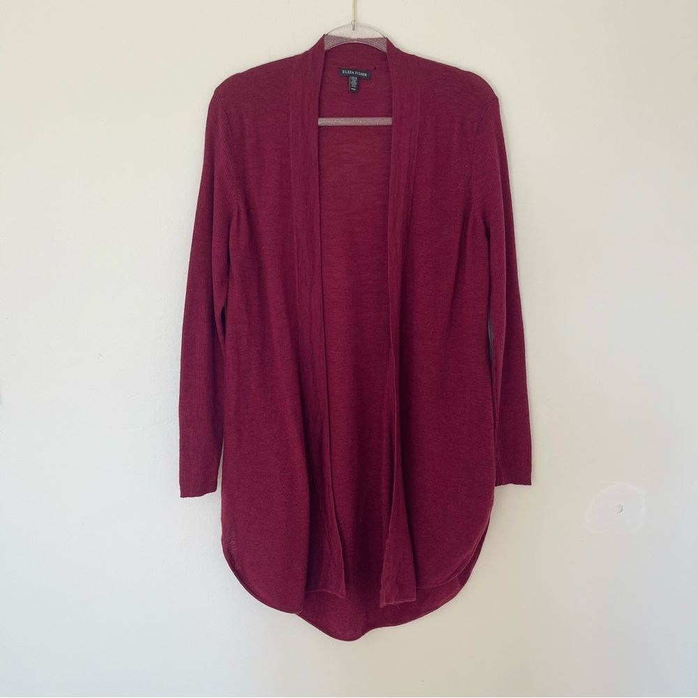 Eileen Fisher Elegant Burgundy MaroonOpen Front Cardigan Merino Wool